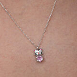 Gümüş Pembe Taşlı Sevimli Kedi Kadın Kolye