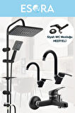 Siyah Robot Duş Seti  Banyo Bataryası 4’lü Set + WC Musluğu