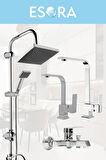 Krom Robot Duş Seti , Lüx Kare Eviye , Lavabo , Banyo Bataryası 4’lü Set