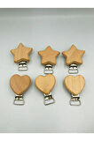 6 Adet Ahşap Klips Yıldız-Kalp Model Klips Emzik Klipsi - Bebek Emzik Zinciri - Cilasız - Amigurumi