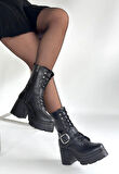 Linma Siyah Cilt Bağcıklı Topuklu Bot