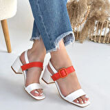 Year Beyaz Cilt Turuncu Detaylı Beyaz Topuklu Ayakkabı