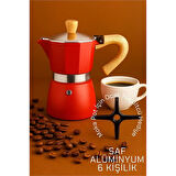 Modacar Italyan Moka Pot - 6061 Saf Alüminyum  Ahşap Saplı - 6 kişilik KIRMIZI