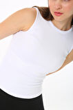 Kadın Sıfır Kol Fitilli T-Shirt Bluz Body Atlet Beyaz