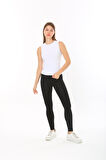 Kadın Sıfır Kol Fitilli T-Shirt Bluz Body Atlet Beyaz