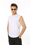 Erkek Tank Sıfır Kol Pamuk T-Shirt Beyaz