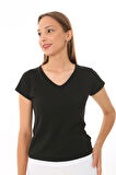 Kadın T Kol V Yaka T-Shirt Bluz Siyah