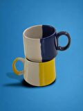 Seramik El işlemesi 2'li Sarı-Lacivert Büyük Boy Mug Kupa Kahve Fincanı