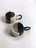 Seramik El işlemesi 2'li Siyah-Beyaz Ece Büyük Boy Mug Kupa Kahve Fincanı