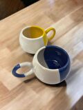 Seramik El işlemesi 2'li Sarı-Lacivert Ece Büyük Boy Mug Kupa Kahve Fincanı