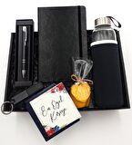 Defter & Siyah Kalem & Anahtarlık & Kılıflı Cam Suluk &Kurabiye Hediye Seti