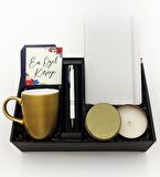 Beyaz Defter & Gold Kupa & Beyaz Kalem & Gold Metal Kutulu Mum Hediye Seti