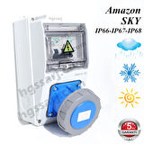 Amazon SKY, IP66-IP67-IP68, Monofaze Elektrikli Araç Kombinasyon Kutusu, Tesla Blue Adaptöre Uyumlu, 3x32A + 1x16A - Sigorta Markası Seçeneği - 5 Yıl Garanti