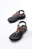 ASFSTORE DM-609 Siyah Taşlı Arka Lastikli Parmak Arası Kadın Sandalet 