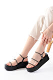 ASFSTORE 861-1008 Siyah Platin Taşlı Dolgu Topuklu Kadın Sandalet 