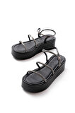 ASFSTORE 861-1008 Siyah Platin Taşlı Dolgu Topuklu Kadın Sandalet 
