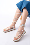 ASFSTORE 1001-1001 Beyaz Bilekten Bağcıklı Kadın Sandalet