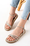 ASFSTORE 1001-1100 Bej Gümüş Taşlı Günlük Kadın Sandalet