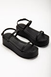 ASFSTORE 861-1027 Siyah Dolgu Topuk Kadın Sandalet