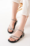 ASFSTORE 1001-1101 Siyah Gümüş Taşlı Günlük Kadın Sandalet