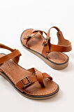 ASFSTORE 205-091 Taba Ortopedik Hakiki Deri Kadın Sandalet