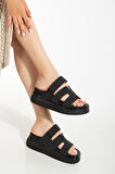 ASFSTORE 24422-HERMES Siyah Dolgu Topuk Kadın Sandalet