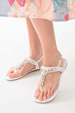 ASFSTORE 152-1110 Beyaz Gümüş Taşlı Parmak Arası Kadın Sandalet 