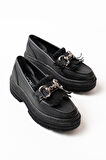 ASFSTORE 749-750 Siyah Tokalı Günlük Yüksek Tabanlı Loafer Ayakkabı