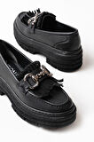 ASFSTORE 749-750 Siyah Tokalı Günlük Yüksek Tabanlı Loafer Ayakkabı