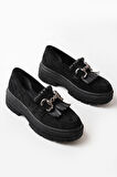 ASFSTORE 749-750 Siyah Süet Tokalı Günlük Yüksek Tabanlı Loafer Ayakkabı