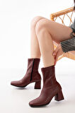 ASFSTORE MSK-033 Bordo Topuklu Fermuarlı Kadın Bot