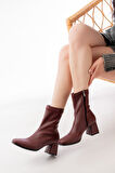 ASFSTORE MSK-033 Bordo Topuklu Fermuarlı Kadın Bot