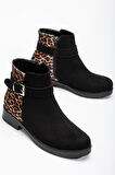 ASFSTORE 165-204/1 Siyah Süete Leopar Toka Aksesuarlı Fermuarlı Günlük Kadın Bot