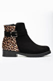 ASFSTORE 165-204/1 Siyah Süete Leopar Toka Aksesuarlı Fermuarlı Günlük Kadın Bot