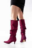 ASFSTORE SR-2001 Bordo Süet İnce Topuklu Günlük Bayan Çizme
