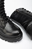 ASFSTORE 868-2289 Siyah Kroko Bağcıklı Fermuarlı Günlük Kadın Bot 