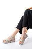 ASFSTORE DM-363  Bej Baret Cırtlı Dikişli Günlük Kadın Sandalet