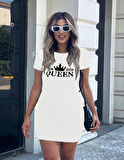 ASAP Kadın Kısa Kollu Queen Baskı Iki Iplik Mini Elbise