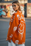 Kadın Oversize Turuncu Graffiti Baskılı Denim Ceket - Sokak Stili Urban Jean Gömlek Ceket