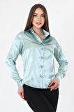 Kadın Hafif Dökümlü Mint Yeşil Saten Gömlek
