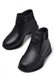 1456 Tam Ortopedik Siyah Hakiki Deri Kadın Bot Çift Fermuarlı Anne Kışlık Deri Bot