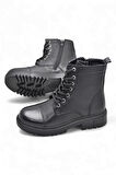 19832 Tam Ortopedik Siyah Hakiki Deri Kadın Bot Bağcıklı Fermuarlı Kışlık Deri Kadın Bot
