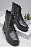 19832 Tam Ortopedik Siyah Hakiki Deri Kadın Bot Bağcıklı Fermuarlı Kışlık Deri Kadın Bot