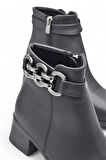 6597 Günlük Fermuarlı Kadın Topuklu Bot Ayakkabı Siyah Klasik Kısa Topuklu Bot