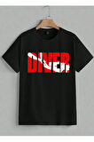Baskılı Erkek Kadın Unisex Bisiklet Yaka Dalgıç Baskılı T-shirt Siyah tshirt tişört Diving Balıkadam