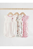 %100 Pamuklu Pembe Krem Çiçek Desenli 3'lü Romper Set