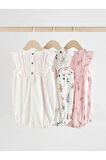 %100 Pamuklu Pembe Krem Çiçek Desenli 3'lü Romper Set