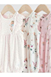 %100 Pamuklu Pembe Krem Çiçek Desenli 3'lü Romper Set
