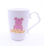 Porselen Kapaklı Pembe Ayıcık Desenli Porselen Kupa Bardak Beyaz