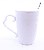 Porselen Kapaklı Pembe Ayıcık Desenli Porselen Kupa Bardak Beyaz